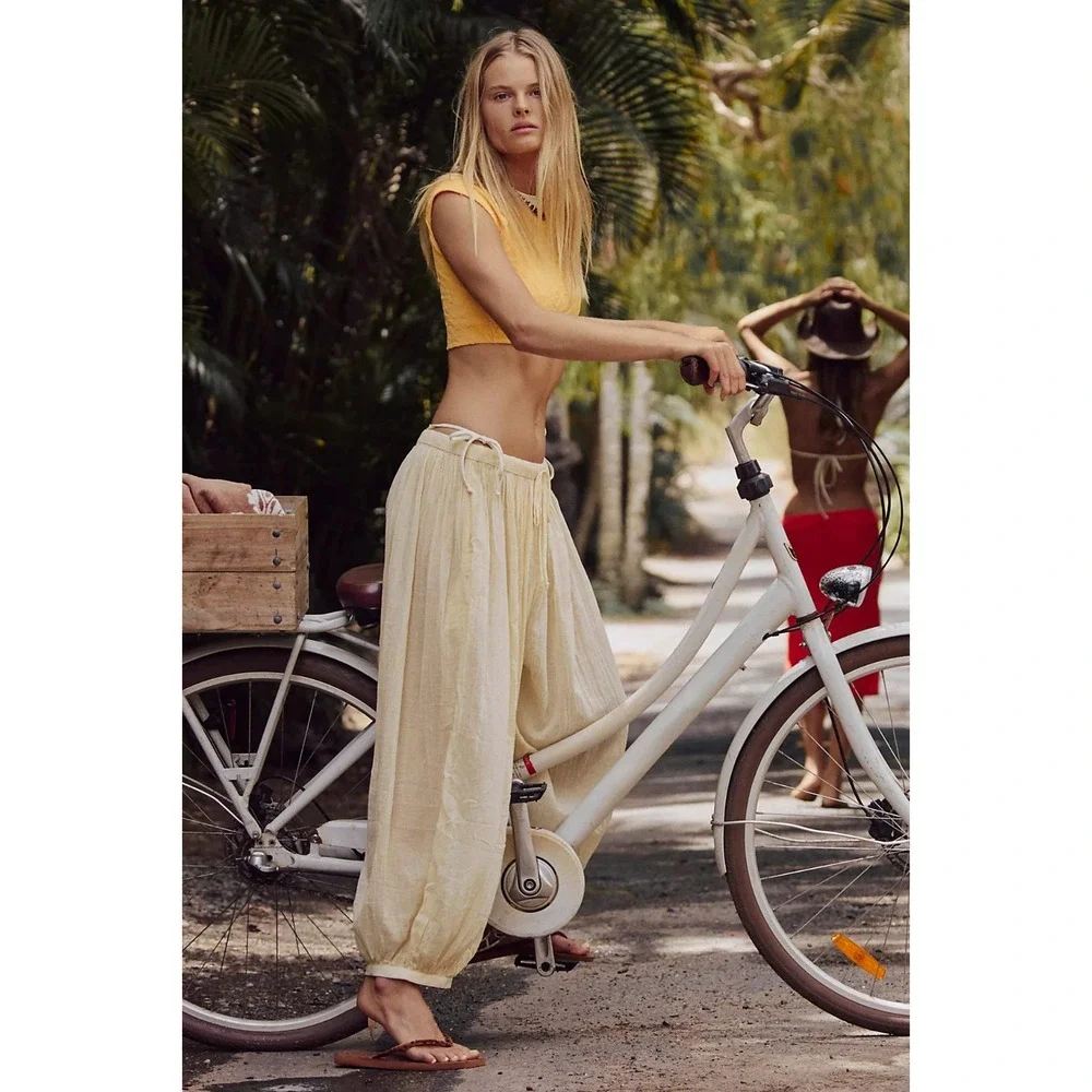 Free People Playa Party Balloon Pants Yellow Boho Beachy Women's Sz M NWT B4